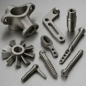 CNC machining titanium alloy workpiece with carbide end mill and controlled chip formation, showing heat management and precise tool engagement