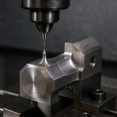 CNC machining titanium alloys with carbide end mill cutting a complex workpiece, showing stable chip formation and controlled coolant flow