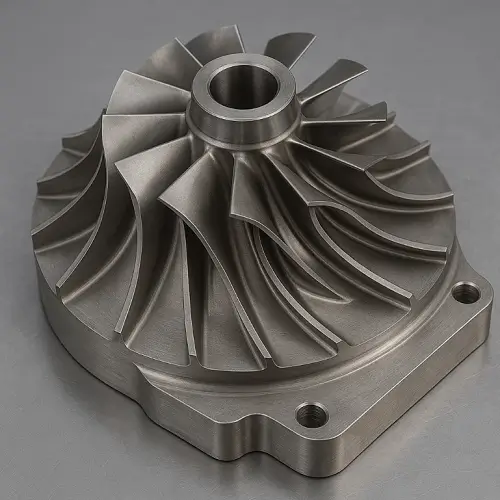 precision-machined titanium turbine component used in aerospace applications, showing complex geometry and high-performance material properties