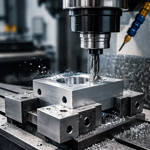 CNC machine milling an aluminum part on the shop floor