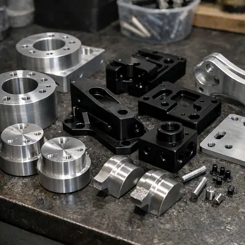 Low-volume CNC machined parts showing complex geometry, surface finish, and secondary operations