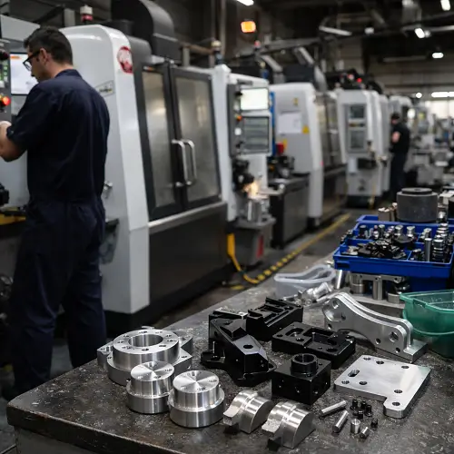 Low-volume CNC machining workshop with small batch production, machine setup, and finished parts