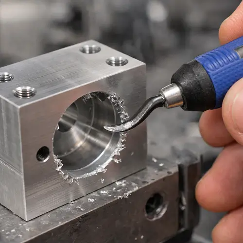 CNC machined aluminum part shown next to engineering drawing and measurement tools during production review