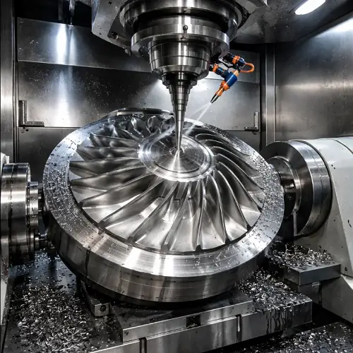 5-axis CNC machining of an aerospace blisk with twisted airfoil blades in a real manufacturing workshop