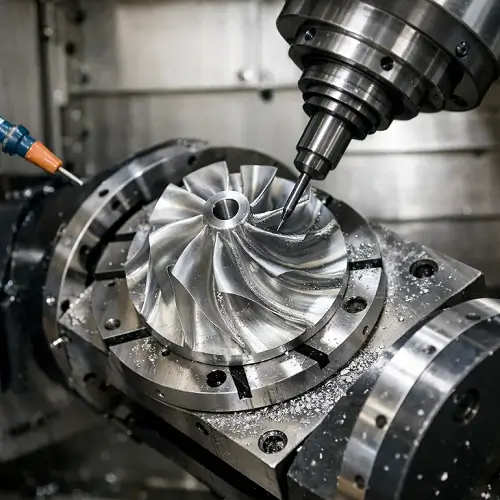 5-axis CNC machining of a metal impeller with tilted tool orientation and precision blade finishing 