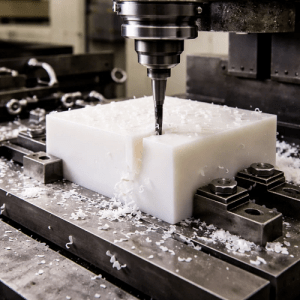 CNC milling process cutting an engineering plastic part with visible machining marks
