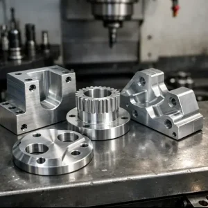 CNC machined aluminum part made from 6061 and 7075 aluminum on industrial workbench