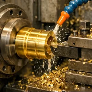 Brass CNC machining process with cutting tool and metal chips in real workshop environment