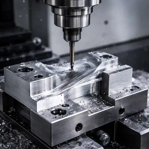 CNC machining process showing a metal part being cut with stable tool engagement and consistent machining behavior 