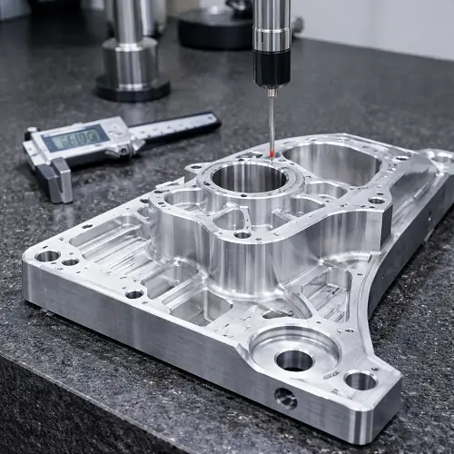 Dimensional inspection of a CNC machined aerospace aluminum part using precision measurement equipment on a granite surface plate
