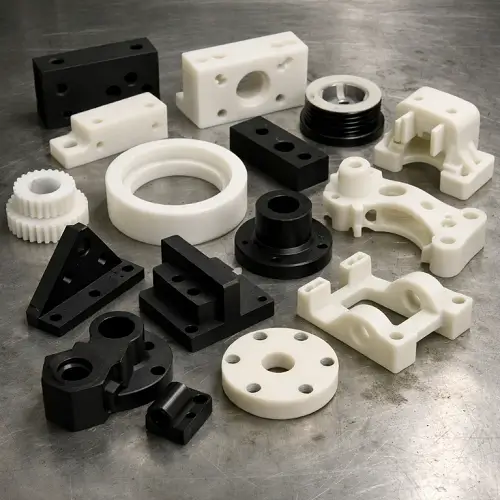 CNC machined plastic parts made from engineering plastics on a metal workbench 