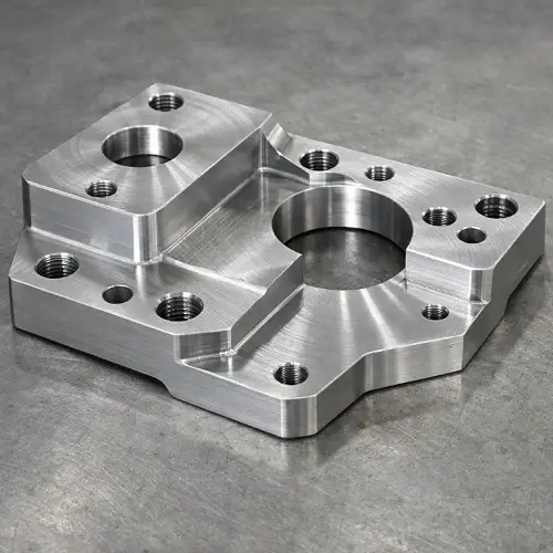 Metal part machined on a CNC machining center with multiple features