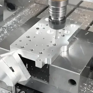 CNC machining center performing a milling operation on a metal workpiece