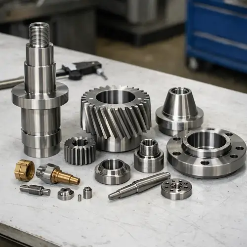 CNC turned components including shafts, sleeves, and precision gear-related parts
