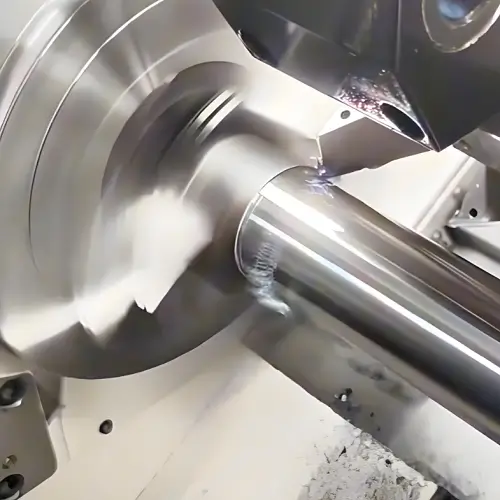 CNC turning machine machining a rotational metal component in a real production environment
