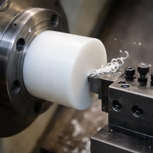 CNC lathe turning a plastic part with visible cutting marks and plastic chips 