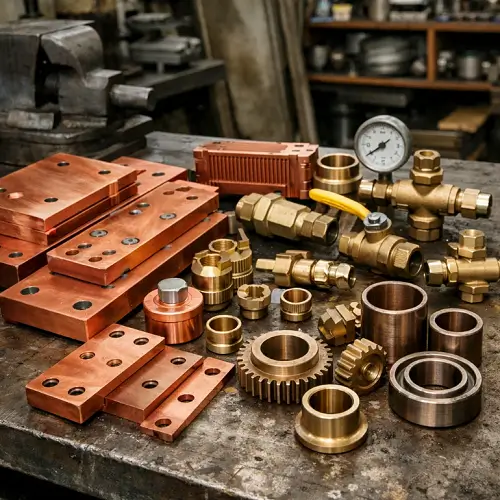 Typical industrial applications of copper, brass, and bronze parts including fittings, bushings, and heat components 