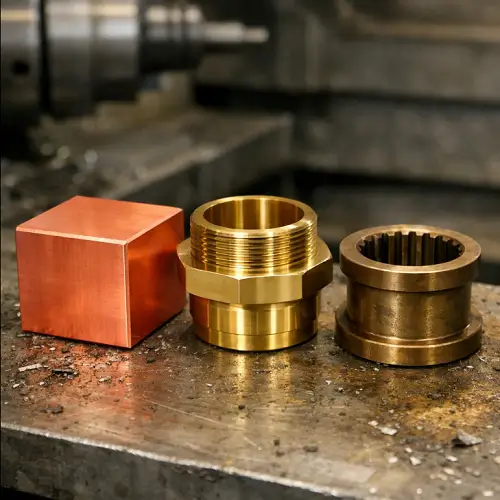 Copper, brass, and bronze materials displayed on a CNC workshop bench showing color and material differences for machining applications