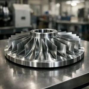 Finished aerospace blisk after CNC machining placed on a clean metal inspection table