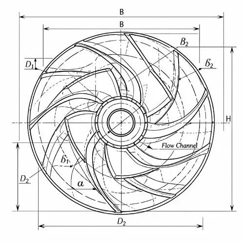 Impeller engineering drawing showing blade geometry, flow channel curves and dimensional annotations 