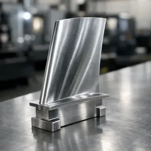 5-axis CNC rough machining of turbine blade airfoil with visible tool tilt and real metal chips