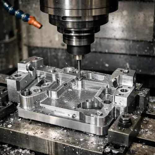 CNC machining center automatically cutting a metal part with consistent toolpaths and no manual intervention
