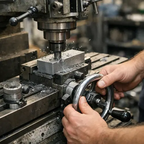 Conventional machining process with manual control, operator adjusting feed during metal cutting