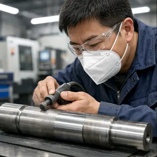 Technician performing fine polishing on CNC machined shaft under controlled workshop lighting