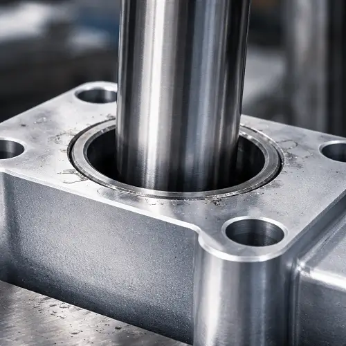 Partially inserted shaft showing a tight press fit problem at the bore entrance of a machined housing