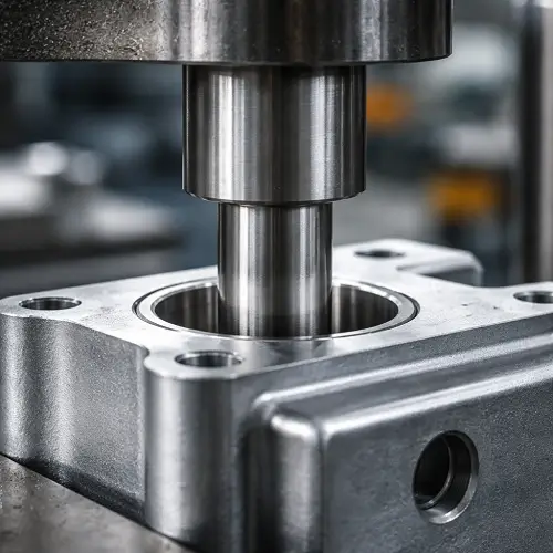 Steel shaft being press-fitted into a precision machined aluminum housing in a hole and shaft assembly