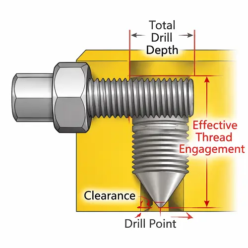 3D cutaway of a blind threaded hole showing effective thread engagement, drill depth, and bottom clearance