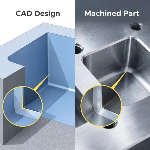 Comparison between a CAD sharp internal corner and an actual CNC machined internal corner radius