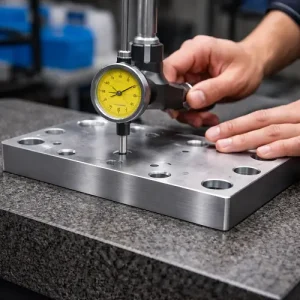Dial indicator checking flatness on a CNC machined aluminum plate on a granite surface plate