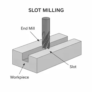 CNC slot milling diagram showing an end mill cutting a straight slot in a metal workpiece