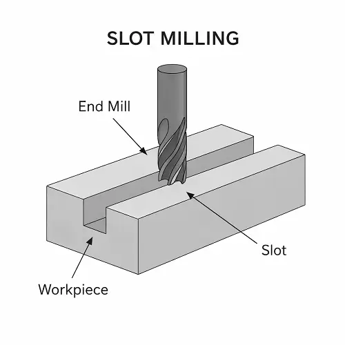 CNC slot milling diagram showing an end mill cutting a straight slot in a metal workpiece