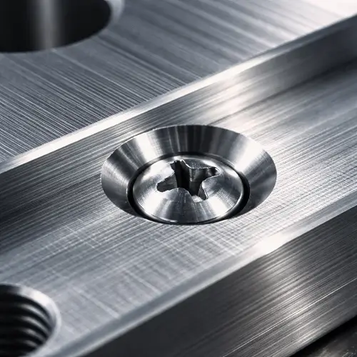 Countersunk hole with a flat head screw on a CNC machined aluminum part