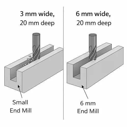 Comparison of 3 mm and 6 mm wide deep slots in CNC milling
