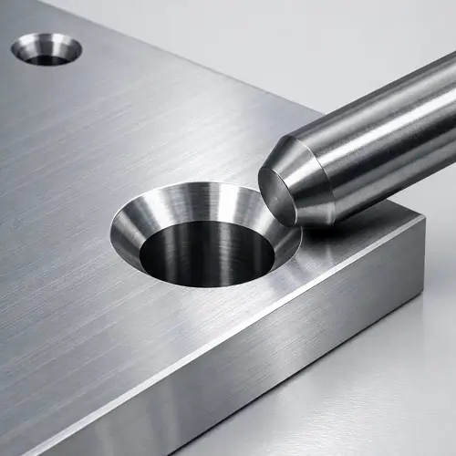 3D illustration of a chamfered hole guiding a metal pin into a CNC machined part