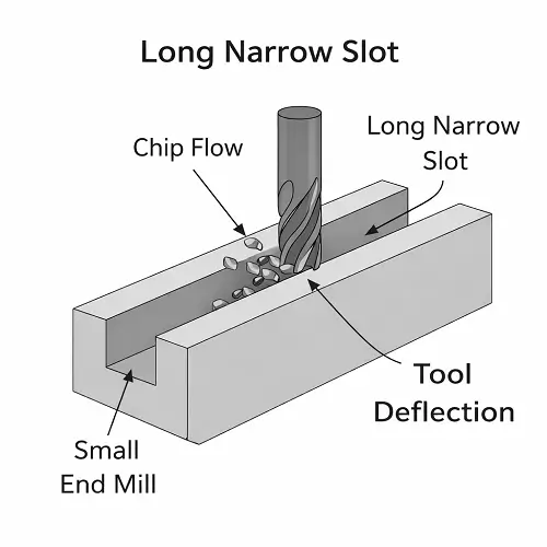 Long narrow slot milling diagram showing chip evacuation limits and tool deflection in CNC machining