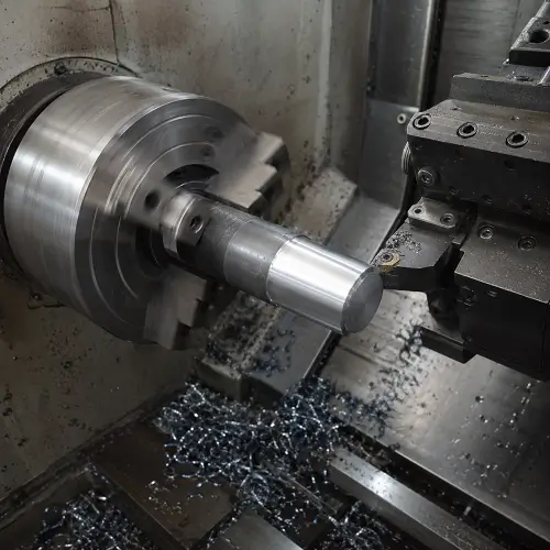 CNC lathe cutting a shaft