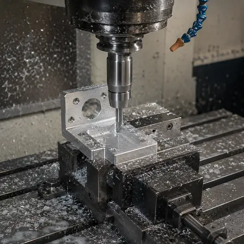 CNC milling an aluminum mounting bracket in a machine workshop