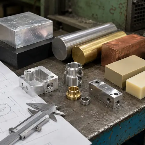 Common CNC machining materials including aluminum stainless steel copper brass and engineering plastic