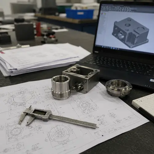 CNC machining quote review with technical drawing and machined part