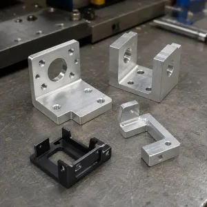 Custom CNC machined aluminum and anodized brackets on an industrial workbench