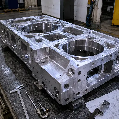 Finished large CNC machined metal part with precision holes and machined surfaces