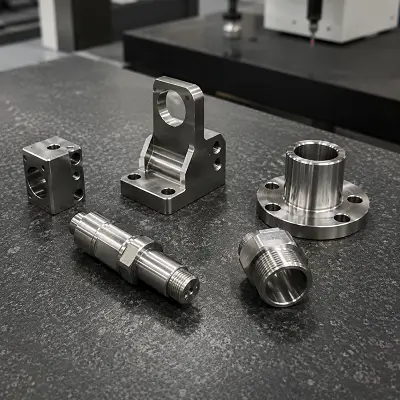 Common stainless steel CNC machined parts including shafts fittings brackets and housings