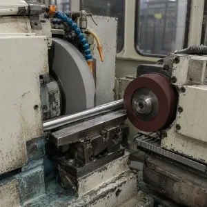 Centerless grinding machine finishing the outside diameter of a steel shaft