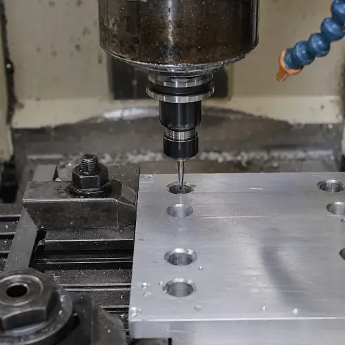 CNC deburring tool removing a burr from a drilled aluminum hole