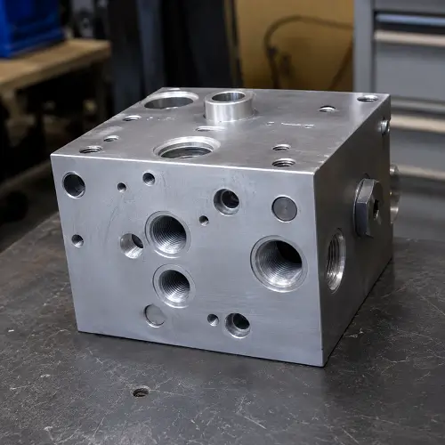 CNC machined aluminum manifold block with threaded ports on a workshop table