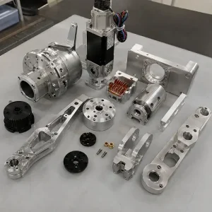 CNC machined robot joint, motor, and arm components on an industrial worktable